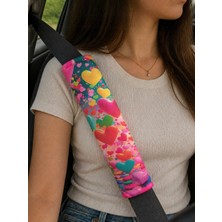 Happy Trend Baskılı Emniyet Kemeri Pedi, Renkli Kalpli Tasarım, 26 Cm, Yumuşak Süngerli, Universal, 2 Adet