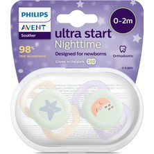 Happy Trend Avent Ultra Start Nighttime Emzik, 0-2 Ay, Ortodontik, 2'li Set, Fosforlu, Yeşil-Mavi