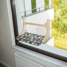 Happy Trend Güçlü Vantuzlu Kedi Cam Yatağı, Cama Asılan Ahşap Kedi Yatağı, 6 Güçlü Vantuzlu, Minderli, Pencere Önü Dinlenme Alanı, Standart (Kedili Desen)