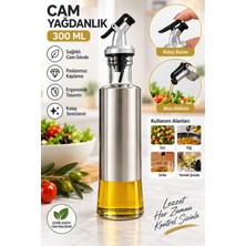 BURADABULDUN Cam Yağdanlık 300 ml Paslanmaz Çelik Kaplamalı Akıtmaz Kontrollü Döküm Yağ Sirke Sos Şişesi