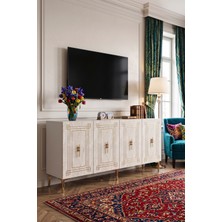 Yumedi Design KA1839BTG - Zülbia Konsol, Tv Sehpası, Çok Amaçlı Dolap ve Kahve Köşesi 180CM Beyaz-Traverten-Gold