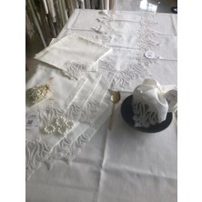 Ceki Home Sofra Takımı 155x220 cm Masa Seti Keten Dantelli Dekoratif Gülse Model Yemek Masası Örtüsü Krem