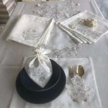 Ceki Home Sofra Takımı Mimoza Gardenya Keten Yemek Takımı 160x220 Masa Seti 12 Kişilik 26 Parça Runner Set Kreme Gold