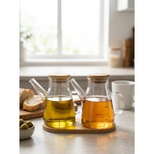 Shuvae Home 2'li Cam Yağdanlık ve Sirkelik Seti – Bambu Kapaklı, Bambu Standlı, Ölçü Çizgili, Kulplu Zeytinyağı Şişesi 200 ml