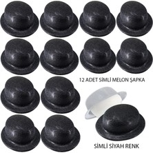 Pileli Store Siyah Renk Simli Melon Yuvarlak Parti Şapkası 12 Adet