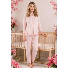 Quilling Bebe Pembe Renkli Dantel Detaylı, 33201 Uzun Kol, 2 Parça Lohusa Hamile Pijama Takımı