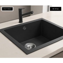 Güney Ankastre Realstone K005 Gordıon 52 52 × 47 cm Antrasit Granit Evye + Güçlendirilmiş Tek Giderli Sifon ve Montaj Seti