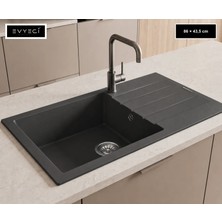 Güney Ankastre Realstone P011 Assos 86 Xl 86 × 43,5 cm Antrasit Granit Evye + Güçlendirilmiş Tek Giderli Sifon ve Montaj Seti