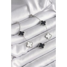 Inure Jewelry 316L Çelik Gümüş Renk Siyah Beyaz Yonca Model Kadın Bileklik