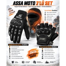 Assa Moto Assamoto Karztec 3'lü Set Siyah Renk  Motosiklet Eldiveni - Profesyonel Yüksek Korumalı Dokunmatik Özellikli Tam Parmak- Kısa Parmak Motorcu Eldiveni ve Termal Balaklava Maskes