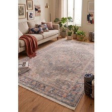 Veja Home Flora Mavi / Krem  Klasik Etnik Desenli Vintage Eskitme Salon Halısı Ev Oturma Odası Halısı