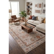 Veja Home Flora Krem Kiremit Klasik Etnik Desenli Vintage Eskitme Salon Halısı Ev Oturma Odası Halısı
