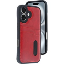 Mey Ithalat®  iPhone 16 Kılıf Sara Kartvizitli Deri Kılıf - Kırmızı