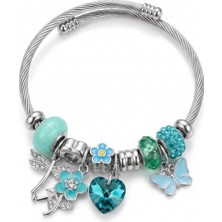 Silver Charm Bileklik Turkuaz Çiçek Ayarlanabilir Çelik Bileklik