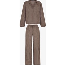 Penti Bej Sıcak Tutan Çizgili Uzun Kollu Gömlek Pantolon Pijama Takımı