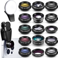 16 Adet Telefon Kamera Lens Kiti 16 In 1 Özçekim Işığı ile Evrensel Klip Cep Telefonu 198 Derece Balıkgözü Geniş Açı Makro Kaleydoskop Cpl Lens Ekleri