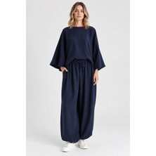 Mevese Rahat Kesim Modal Takım - Yarasa Kol Oversize Bluz ve Geniş Paça Şalvar Pantolon - Lacivert