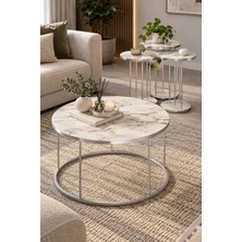 Sulorahome Gümüş Metal Ayaklı Mermer Desenli 4'lü Sehpa Seti