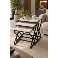 Sulorahome Modern Zigon Sehpa Seti - Beyaz Mermer Desenli ve Siyah Metal Ayaklı