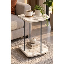 Sulorahome Tekerlekli Oval Servis Sehpası Mermer Desenli Beyaz