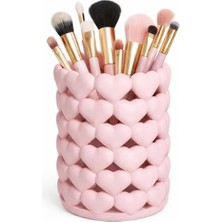 Happy Trend Tasarımlı Makyaj Fırçalığı ve Kalemlik - Estetik Masaüstü Organizer, Pastel Pembe Dekoratif Kozmetik Düzenleyici ve Fırça Kutusu