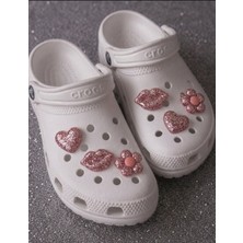 Temungur Pembe Simli Kalp Dudak Çiçek Jibbitz Charm 6’lı Set – Terlik Süsü, Parlak Glitter Terlik Aksesuarı