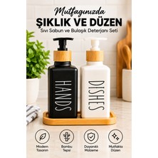 aldım geldim 2’li Cam Sıvı Sabunluk Bulaşık Deterjanlığı Seti Bambu Tepsili Mutfak Düzenleyici 330 ml x 2