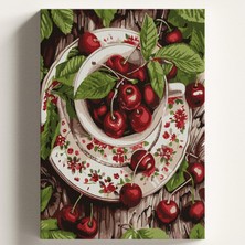 Happy Trend Boyama Tuval Hobi Seti Kiraz Tabağı Temalı Fırça ve Boya Dahil Set (Çıtalı) 40X50 cm Kendin Yap Sayılarla Tuval Boya Kiti (Kasnaklı)