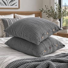 HB&Victory Antrasit 4 Katlı Müslin Ahşap Düğmeli %100 Pamuklu 2'li Yastık Kılıfı Seti 50X70 cm