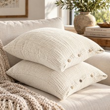 HB&Victory Ekru Ivory 4 Katlı Müslin Ahşap Düğmeli %100 Pamuklu 2'li Yastık Kılıfı Seti 50X70 cm