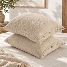 HB&Victory Bej Vizon 4 Katlı Müslin Ahşap Düğmeli %100 Pamuklu 2'li Yastık Kılıfı Seti 50X70 cm