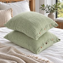 HB&Victory Çağla Yeşili 4 Katlı Müslin Ahşap Düğmeli %100 Pamuklu 2'li Yastık Kılıfı Seti 50X70 cm