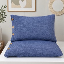 HB&Victory Indigo Mavi 4 Katlı Müslin Ahşap Düğmeli %100 Pamuklu 2'li Yastık Kılıfı Seti 50X70 cm