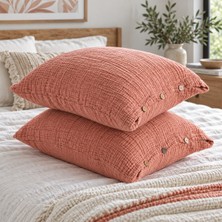 HB&Victory Kiremit 4 Katlı Müslin Ahşap Düğmeli %100 Pamuklu 2'li Yastık Kılıfı Seti 50X70 cm