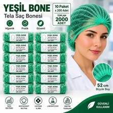 OEM Saç Bonesi Yeşil - 2000 Adet – 10 Paket x 200 Adet – Tela - 52 cm Büyük Boy – Hijyenik Kullanım