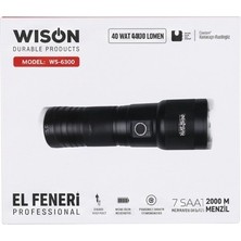 Wison WS-6300 Profesyonel 40W 4000 Lümen Şarjlı El Feneri – 2000M Menzil, 9600 Mah Batarya, Type-C Zoomlu Taktik Fener