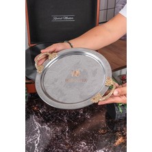 Dmt Copper Home 1 Adet 25 cm Krom Çelik Kahve Tepsisi – Pirinç Kulplu Nakışlı Desenli Dekoratif Servis Sunum Tepsisi