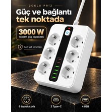 Abstrax Tech 6’lı Topraklı Çoklu Priz 3000 W 4 USB 2 Type-C Aşırı Yük Korumalı Anahtarlı Beyaz