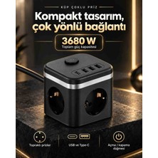 Abstrax Tech Küp Çoklu Priz 3680 W 3 USB 1 Type-C Topraklı Anahtarlı Masaüstü