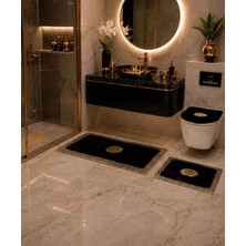 Lüks Gold Varaklı Ekru Peluş Banyo Paspas Takımı