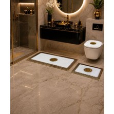 Lüks Gold Varaklı Ekru Peluş Banyo Paspas Takımı