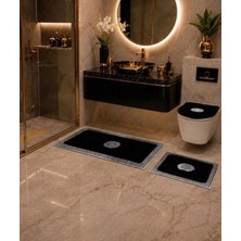 Lüks Gümüş Varaklı Ekru Peluş Banyo Paspası