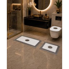 Lüks Gümüş Varaklı Ekru Peluş Banyo Paspası