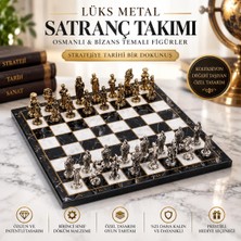 Elifeshop Lüks Metal Satranç Takımı Krom Kaplama Gold Figürlü Siyah Mermer Desenli Ahşap Tahta 25X25CM Premium