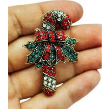 BB Bi Butik Shop Noel Şeker Kamışı Taşlı Broş – Vintage Kristal Yılbaşı Aksesuarı Parlak Dekoratif Brooch