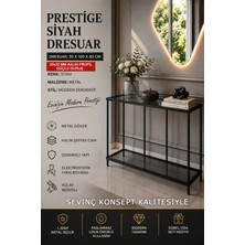 Sevinç Konsept Siyah Prestige Dresuar, 6 mm Kalın Güvenilir Şeffaf Camlı, Dekoratif Cam Raflı Metal Dresuar Konsol