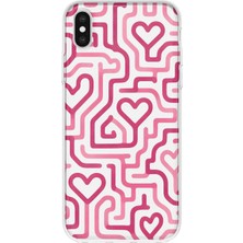 MONOFLEX iPhone X/xs Uyumlu Pembe Kalpli Labirent Desenli Şeffaf Telefon Kılıfı