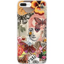 MONOFLEX iPhone 7 Plus/8 Plus Uyumlu Vintage Kelebek ve Ay Yüzü Kolaj Desenli Şeffaf Telefon Kılıfı