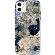 MONOFLEX iPhone 11 Uyumlu Gece Mavisi Kolaj Desenli Şeffaf Telefon Kılıfı