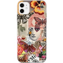MONOFLEX iPhone 11 Uyumlu Vintage Kelebek ve Ay Yüzü Kolaj Desenli Şeffaf Telefon Kılıfı
